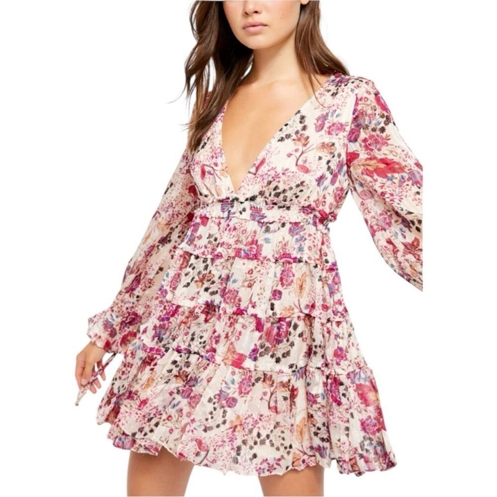 Free People Long Sleeve Floral Mini Dress Deep Size M Boho Western Cottage - Picture 5 of 8